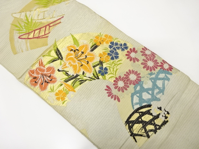 JAPANESE KIMONO / ANTIQUE SUMMER MARU OBI / WOVEN LILY & KIKU